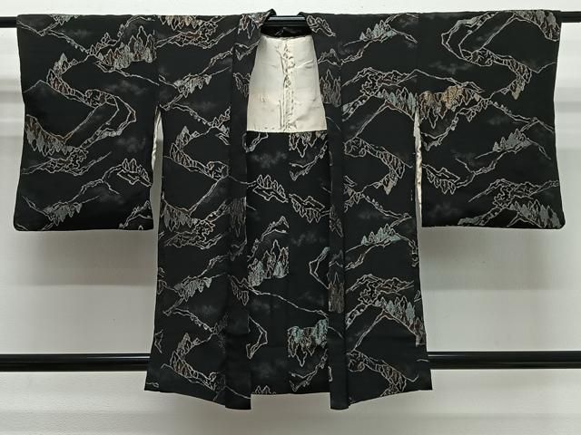 平和屋着物＃羽織　寿光織　遠山風景文　黒地　銀糸　正絹　逸品　CABG3838ua
