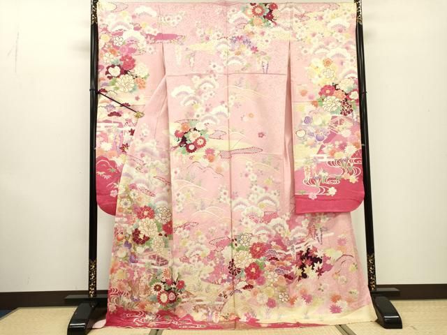 平和屋着物●豪華振袖　駒刺繍　渡り橋花松文　暈し染　金彩　正絹　逸品　DABF2288fe