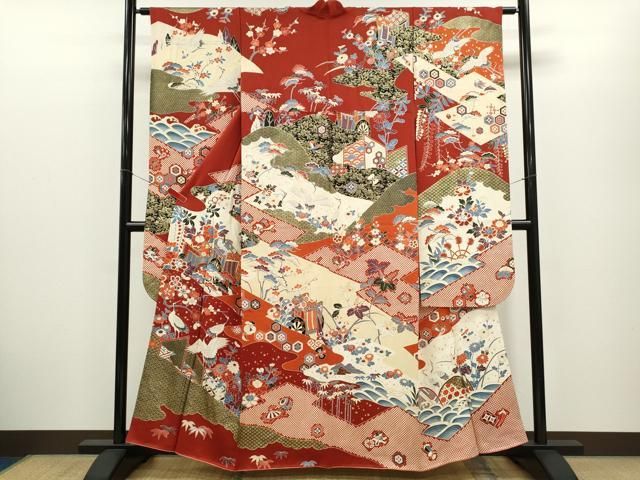 平和屋着物●豪華振袖　駒刺繍　御所車飛鶴吉祥花文　金彩　正絹　逸品　CABG2136ze