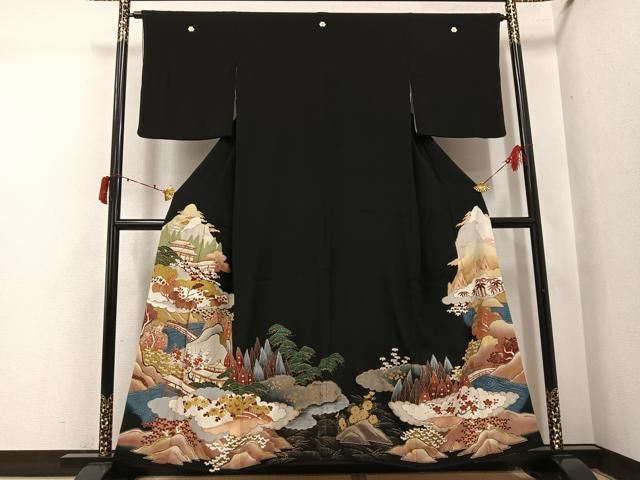 平和屋着物●豪華黒留袖　渡り橋風景草花文　金彩　正絹　逸品　AABI8483ph