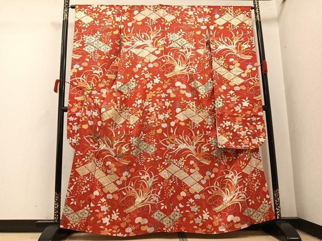 平和屋着物●豪華振袖　駒刺繍　草花文　松坂屋扱い　金彩　正絹　逸品　AABI8504ph