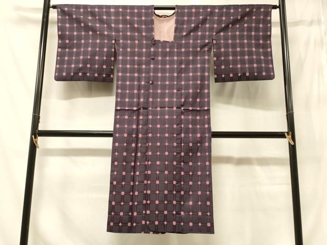 平和屋着物＃道行コート　雨コート　単衣　格子柄　ロング丈　正絹　逸品　CABG8035in