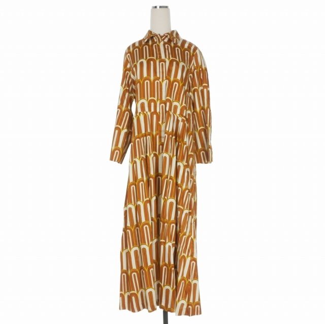 オデー ODEEH 総柄プリント ロングシャツワンピース ドレス 長袖 36 ライトブラウン 2164-35151 国内正規