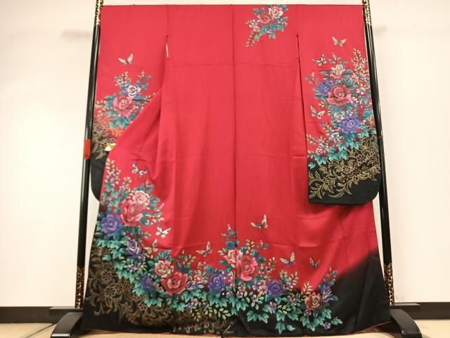 平和屋着物●豪華振袖　花蝶文　暈し染め　金銀彩　正絹　逸品　AABI1950fy