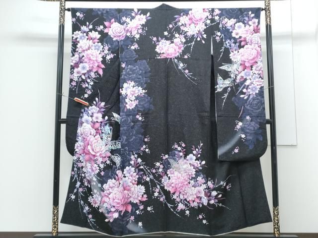 平和屋着物●豪華振袖　花蝶文　暈し染め　黒地　銀通し地　正絹　逸品　CABG8453th
