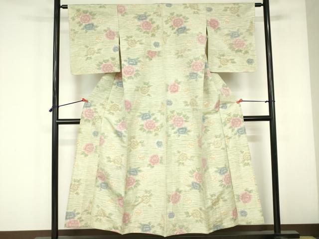 平和屋着物▽上質な紬　単衣　牡丹　正絹　逸品　DABF3335op