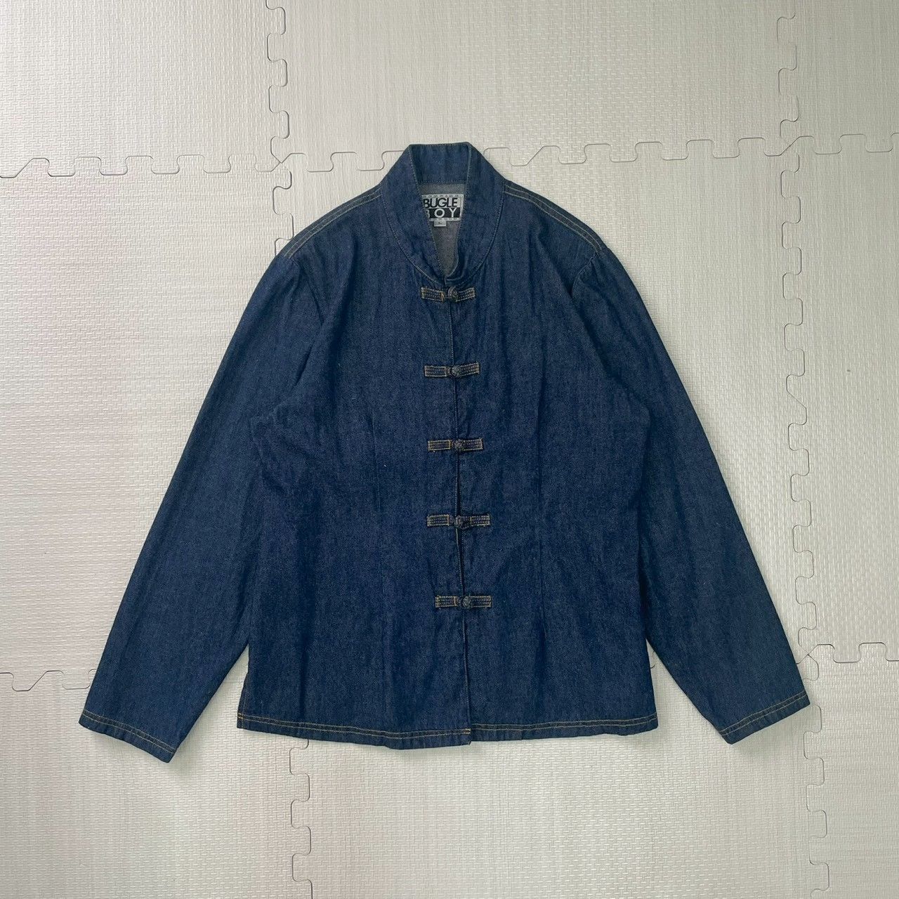 80s デニム チャイナジャケット 蛙ボタン インディゴ 古着 ヴィンテージ Lサイズ デニムジャケット BUGLE BOY チャイナカラー インディゴ 90s