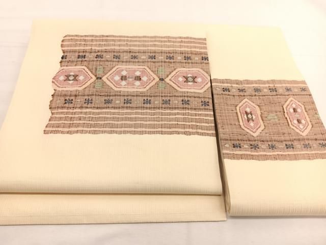 平和屋着物▽つけ帯　スリーシーズン　春夏秋　紬地　すくい織　横段文　銀糸　正絹　逸品　BAAX2319hv