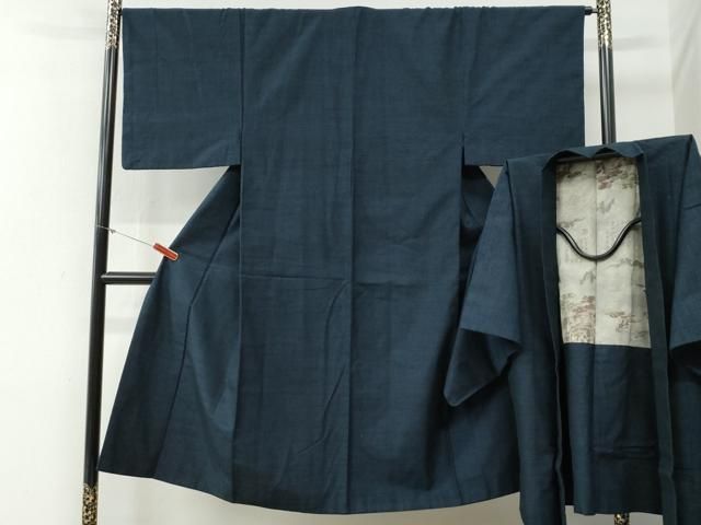 平和屋着物●男性　紬　アンサンブル　色無地　留紺色　正絹　逸品　CABG0238yc