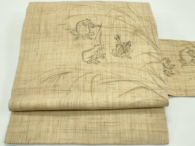 平和屋着物＊夏物　九寸名古屋帯　手描き　鳥獣戯画　麻　逸品　CABF4747rv