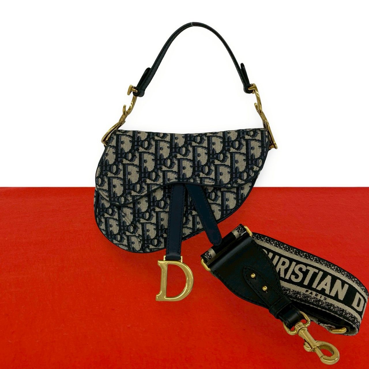 極 美品 Christian Dior ディオール オブリーク サドルバッグ キャンバス レザー 2way ハンドバッグ ショルダーバッグ ネイビー 30953