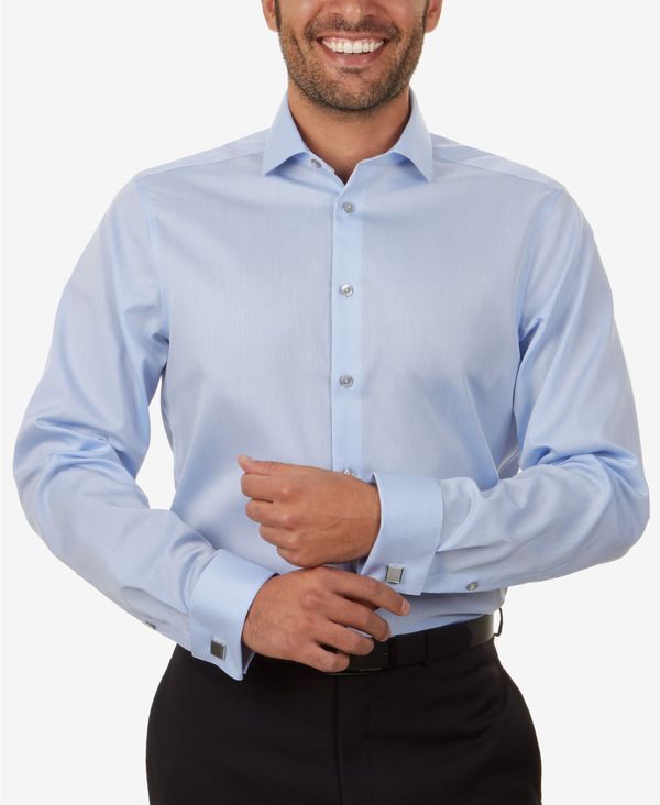 カルバンクライン メンズ トップス シャツ Calvin Klein Mens SlimFit NonIron Herringbone French Cuff Dress Shirt Blue ブルー