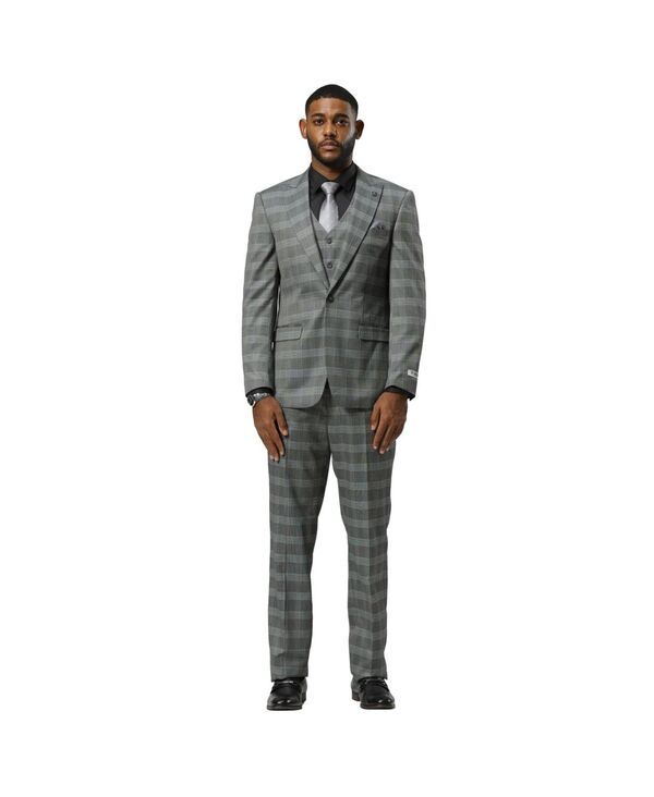 ステイシーアダムス メンズ アウター ジャケット・ブルゾン パンツ トール ベスト ジャケット Stacy Adams Big Tall Glen Plaid 3Piece Jacket With Solid Vest And Pants Suit Peak