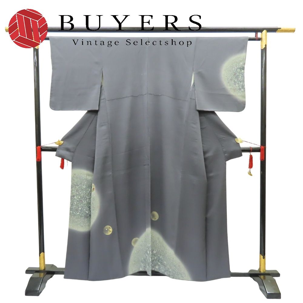 【中古】 訪問着・付下 正絹 着丈約155cm 裄丈約63cm ダークグレー系 ゴールド 藤 和装 呉服 和服 きもの レディース 女性