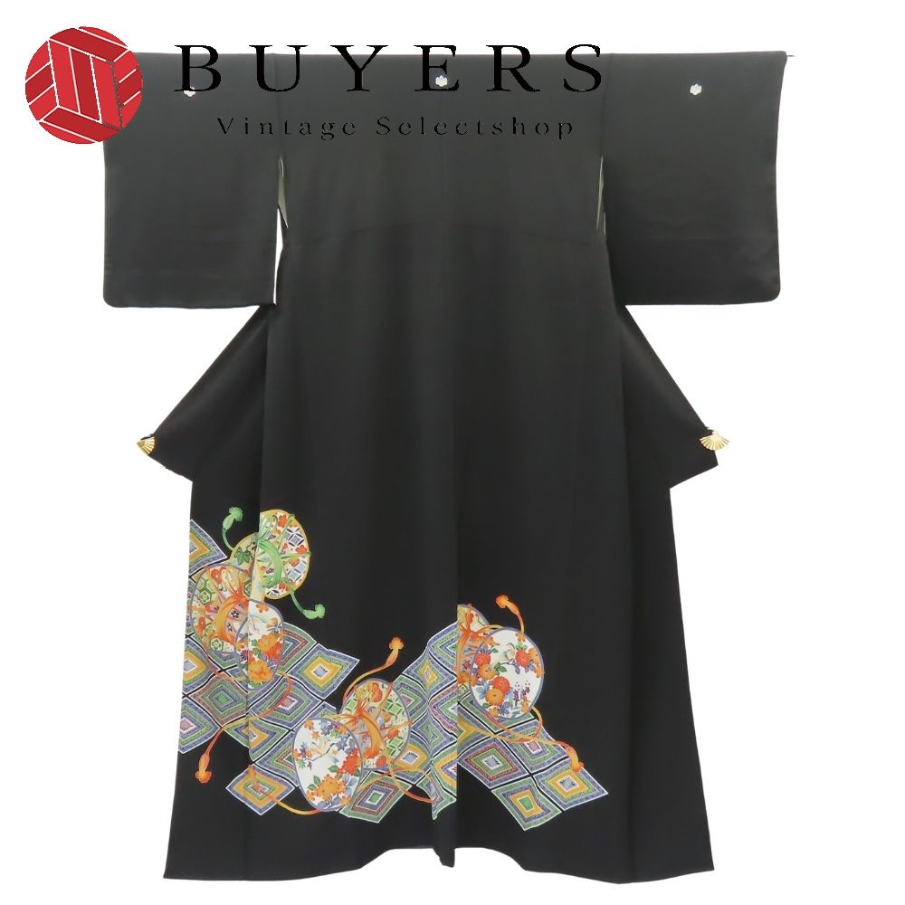 【中古】 留袖 正絹 着丈約157cm 裄丈約65cm 黒 マルチカラー 手描き 落款あり 五つ紋 和装 呉服 和服 きもの レディース 女性