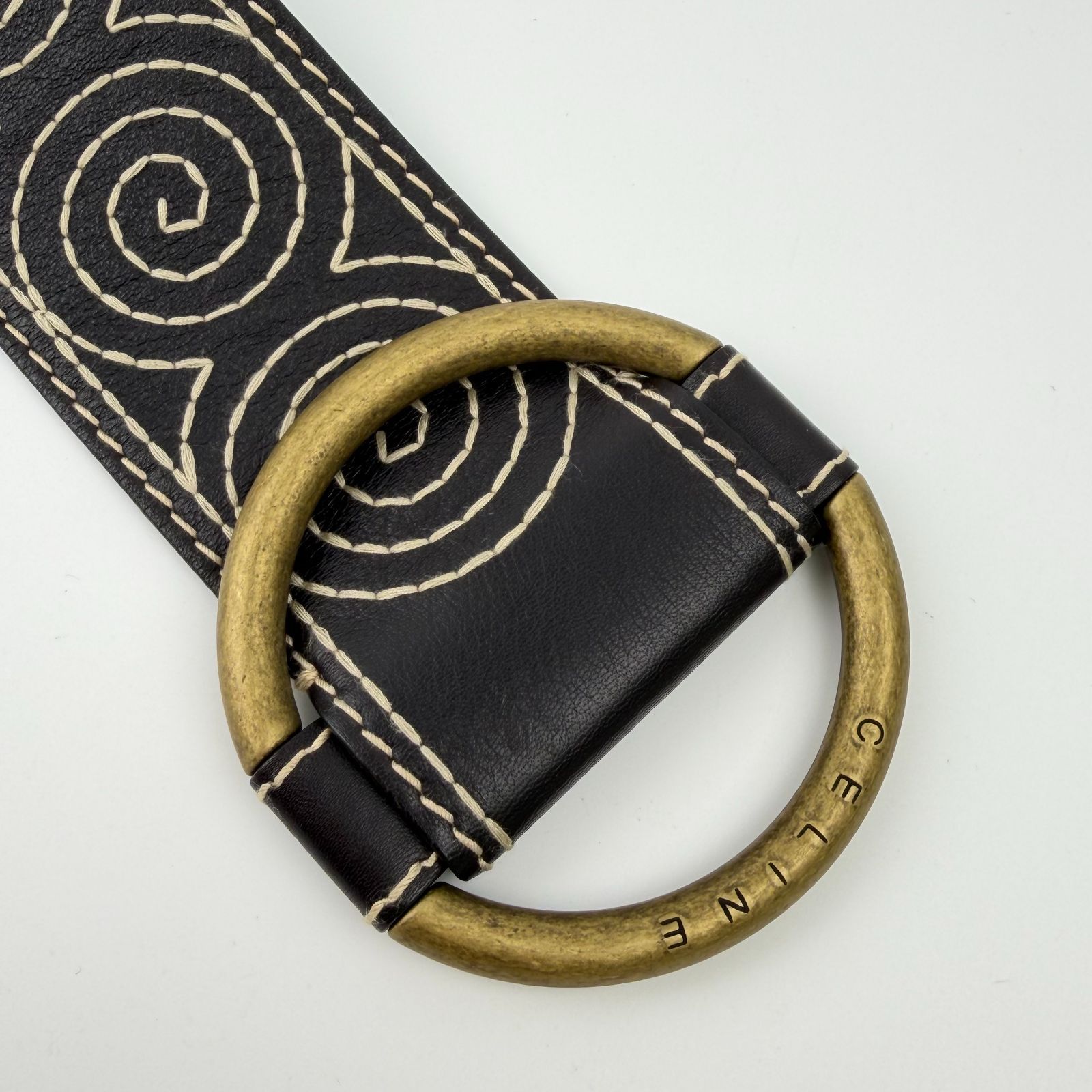 中古】CELINE セリーヌ サークルバックル スパイラル柄 ベルト レザー