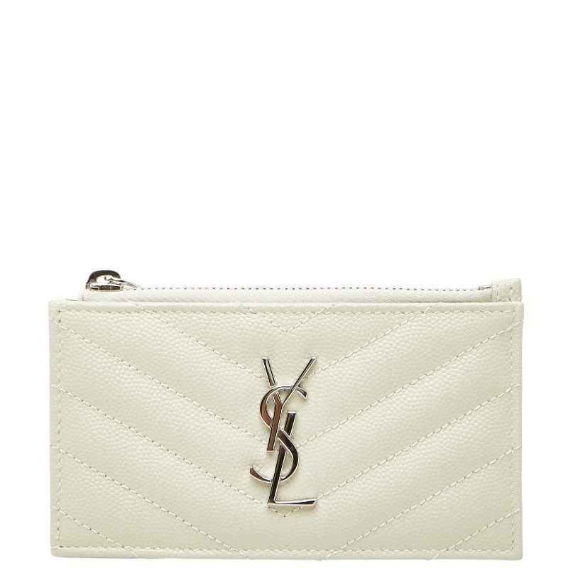 サンローラン カサンドラ YSLロゴ フラグメントケース ジップカードケース アイボリー シルバー レザー レディース SAINT LAURENT【227-72084】