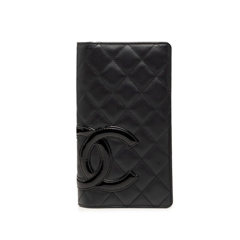 シャネル カンボンライン マトラッセ ココマーク 二つ折り 長財布 ブラック ピンク レザー エナメル レディース CHANEL【1-0273359】