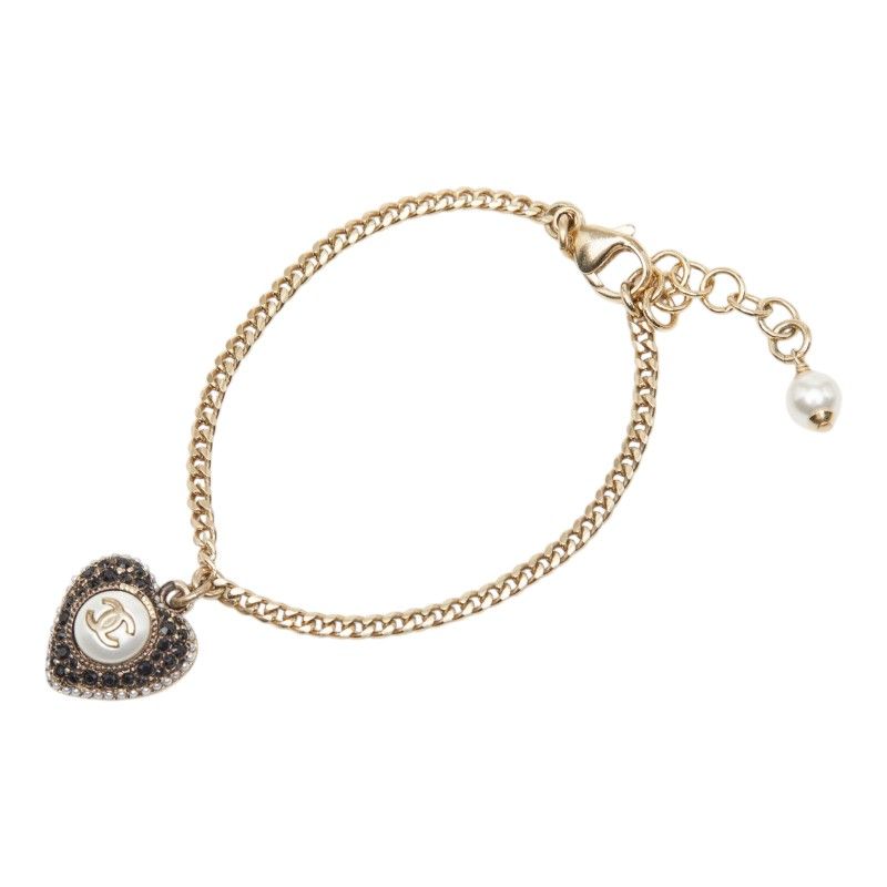 シャネル ココマーク ハート モチーフ ブレスレット ゴールド ブラック メッキ フェイクパール ラインストーン レディース CHANEL【228-75029】