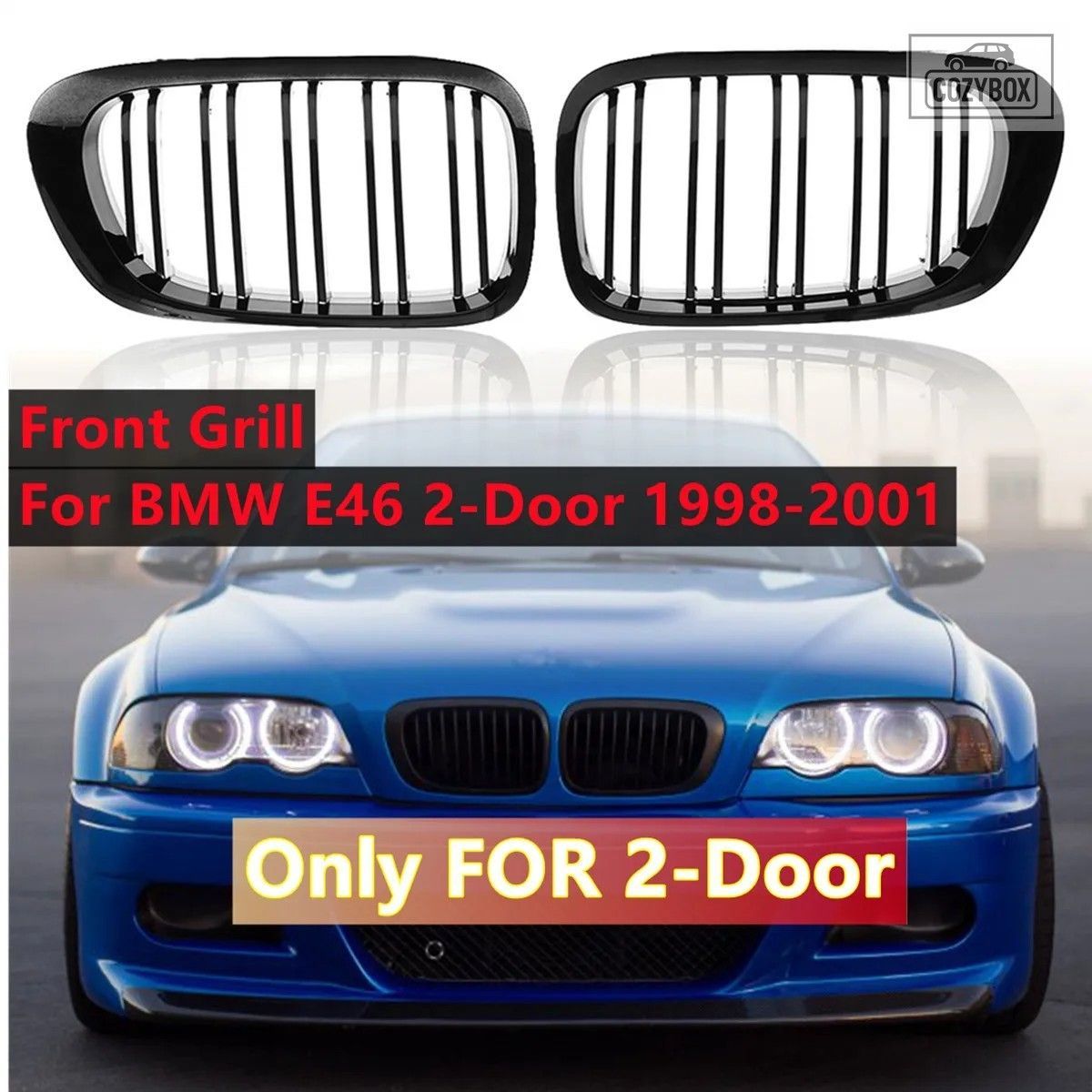 ブラック フロント スポーツ キドニー グリル - BMW 3 シリーズ E46 2 ドア クーペ カ
