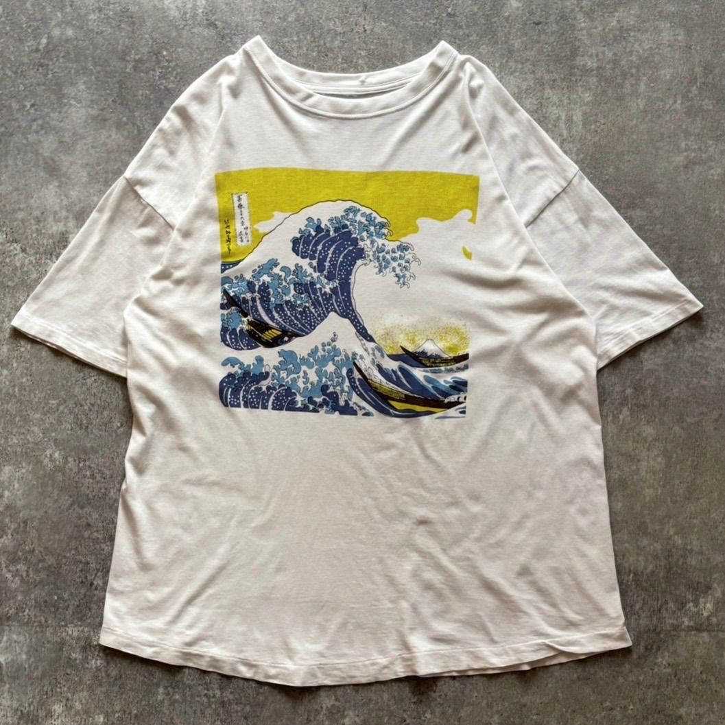 90年代 90s 00年代 00s 葛飾北斎 富嶽三十六景 神奈川沖浪裏 浮世絵 Tシャツ 白 ホワイト 白T シングルステッチ