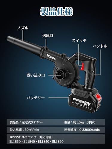 2026新登場 ブロワー 洗車 ブロアー 充電式 強力 コードレス 送風と集じん1台2役 マキタ18Vバッテリー対応可能 4000mAh大容量バッテリー2個付属 手持ち式 軽量 エアブロワー 小型 庭掃除 枯葉掃除機 除雪作業 充電器付き 日 10372afd