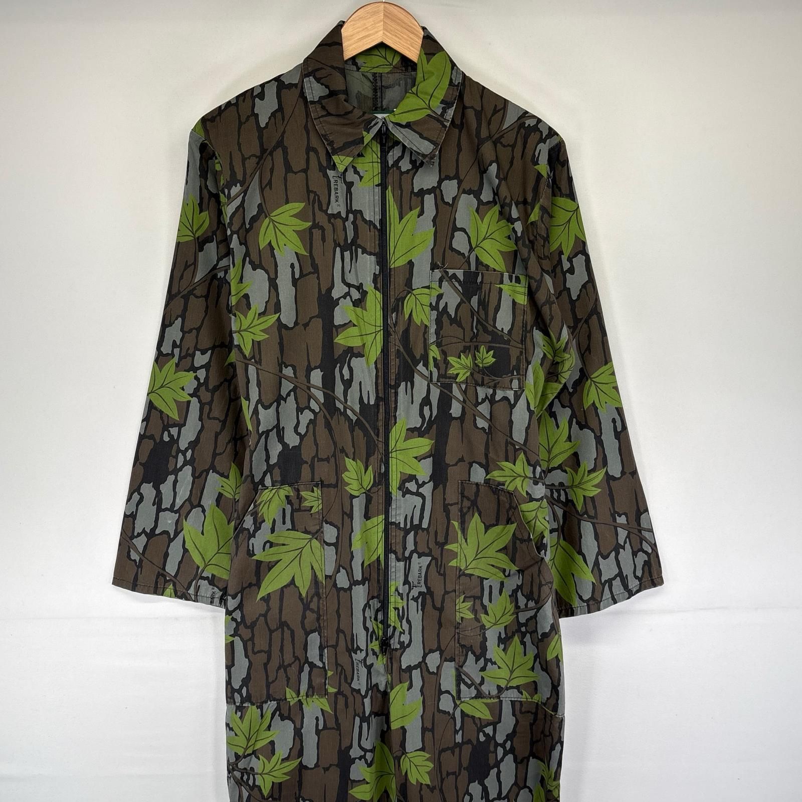 ●Z13【アメリカ製】つなぎ カモフラージュ柄 グリーン系 men's【2XL】 古着 80's/80年代 ヴィンテージ Saftbak USA製 ツナギ リアルツリー