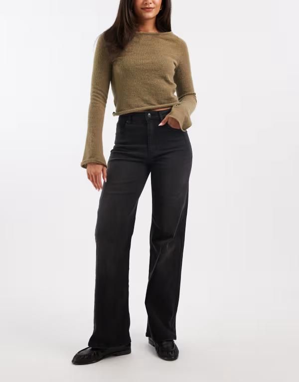 オンリー レディース ボトムス デニムパンツ ワイドレッグ ハイウエスト ジーンズ ONLY Juicy high waist wide leg jeans in washed WASHED BLACK ブラック