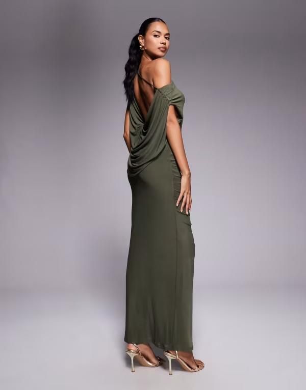 エイソス レディース トップス ワンピース マキシワンピース ドレープ ギャザー メッシュ マキシ ASOS DESIGN mesh draped back ruched maxi dress Khaki カーキ