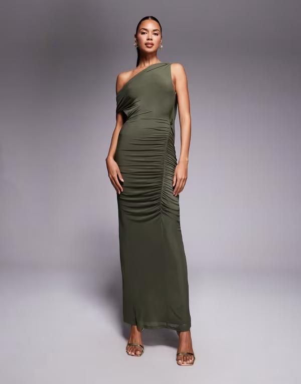 エイソス レディース トップス ワンピース マキシワンピース ドレープ ギャザー メッシュ マキシ ASOS DESIGN mesh draped back ruched maxi dress Khaki カーキ