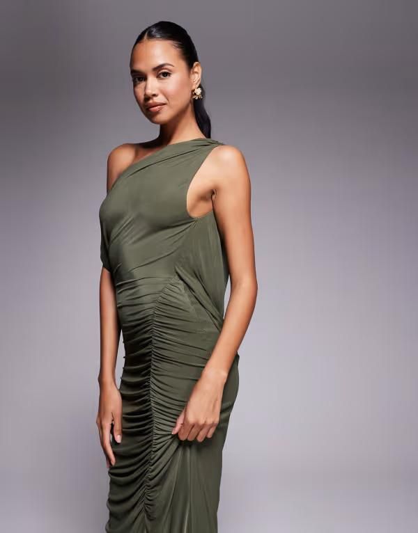 エイソス レディース トップス ワンピース マキシワンピース ドレープ ギャザー メッシュ マキシ ASOS DESIGN mesh draped back ruched maxi dress Khaki カーキ
