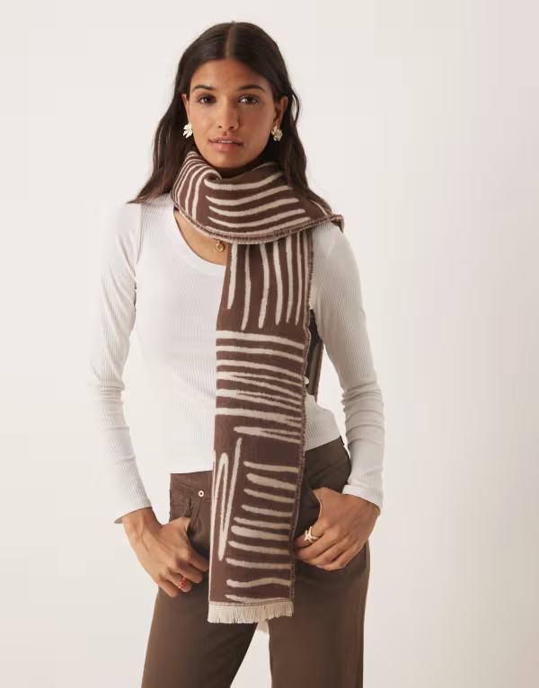 エイソス レディース アクセサリー マフラー・ストール・スカーフ ASOS DESIGN woven scarf with monogram jacquard squiggle design in chocolate and cream Brown Multi