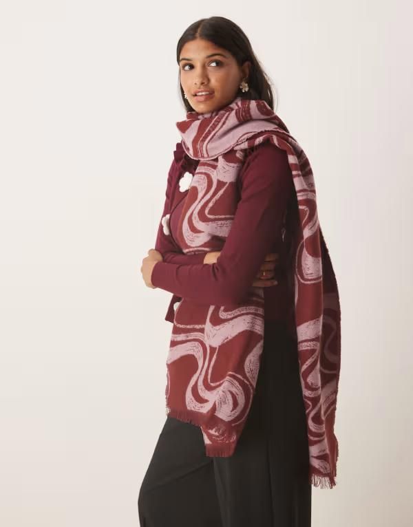 エイソス レディース アクセサリー マフラー・ストール・スカーフ ASOS DESIGN woven scarf with monogram jacquard swirl design and Burgundy Multi バーガンディ