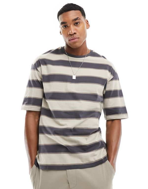 アダプト メンズ トップス Tシャツ ADPT oversized Tshirt in washed beige stripe Crockery ベージュ
