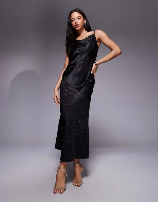 リバーアイランド レディース トップス ワンピース River Island rhinestone detailing slip dress Black ブラック