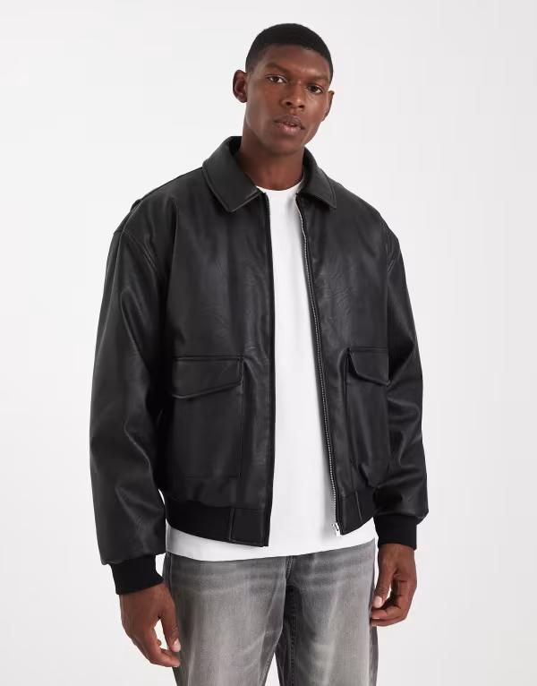 エイソス メンズ アウター ジャケット・ブルゾン レザー フェイクレザー ジャケット ASOS DESIGN faux leather bomber jacket Black ブラック