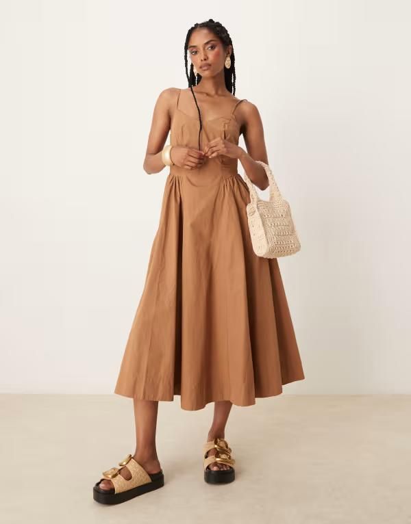 スリードベア レディース トップス ワンピース ミディ コットン Threadbare cotton rich midi dress with drop waist BROWN ブラウン