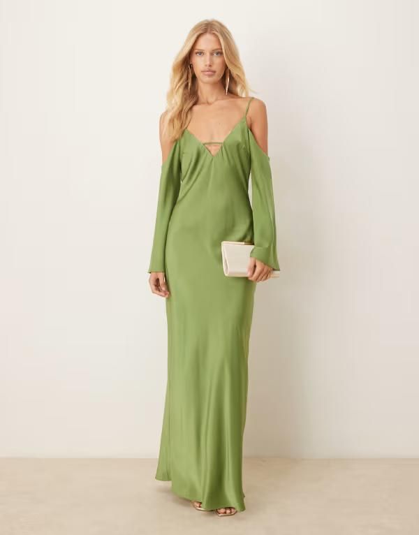 エイソス レディース トップス ワンピース ミディワンピース ミディ サテン ASOS DESIGN satin long sleeve fallen shoulder cami midi dress Green グリーン