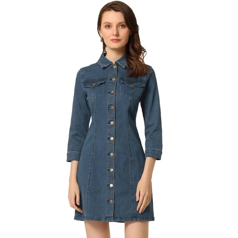 アレグラ ケー レディース トップス ワンピースリムフィット ボタンダウン シャツ ダウン デニム ALLEGRA K Womens 34 Sleeve Button Down Denim Slim Fit Shirt Dress Mid Blue ブルー
