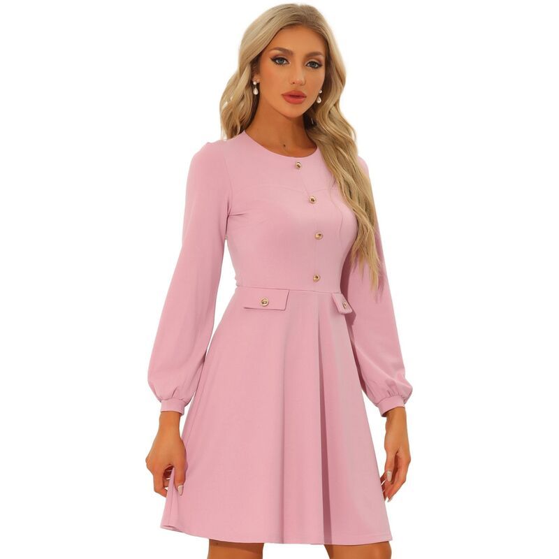 アレグラ ケー レディース トップス ワンピース コントラスト ALLEGRA K Work Office Dress For Womens Contrast Button Decor Long Sleeve Dresses Pink ピンク