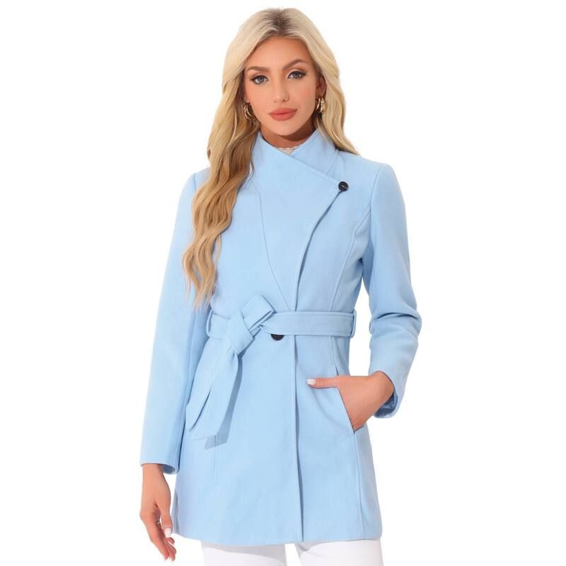 アレグラ ケー レディース アウター ジャケット・ブルゾン コート ALLEGRA K Womenstand Collar Tie Waist Winter Classic Long Trenchcoat Light Blue ブルー