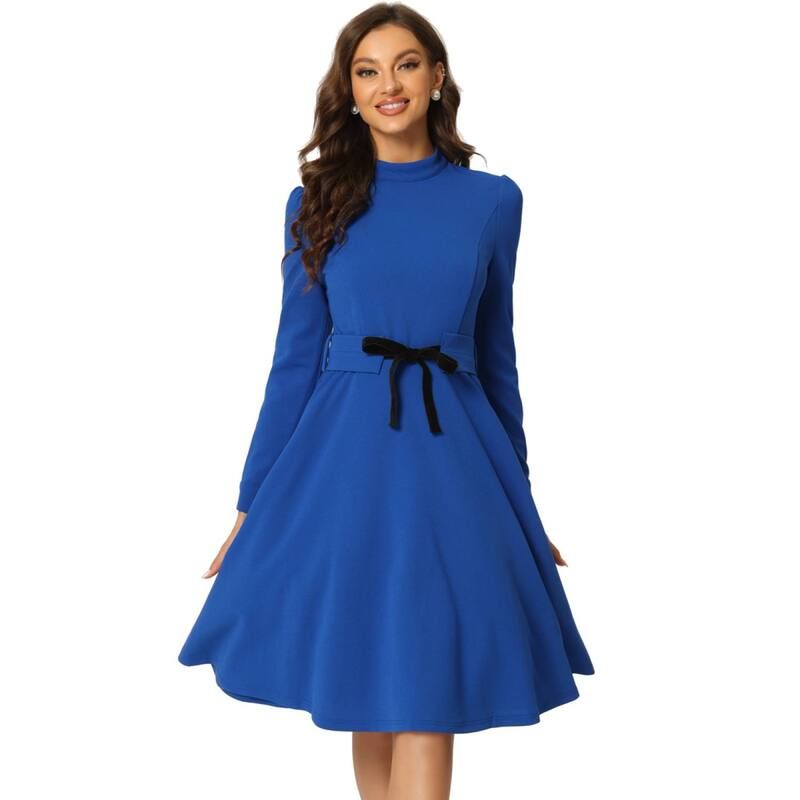 アレグラ ケー レディース トップス ワンピース モックネック ミディ ニット ALLEGRA K Womens Elegant Mock Neck Long Sleeve Self Tie Waist Knit Midi Dress Royal Blue ブ