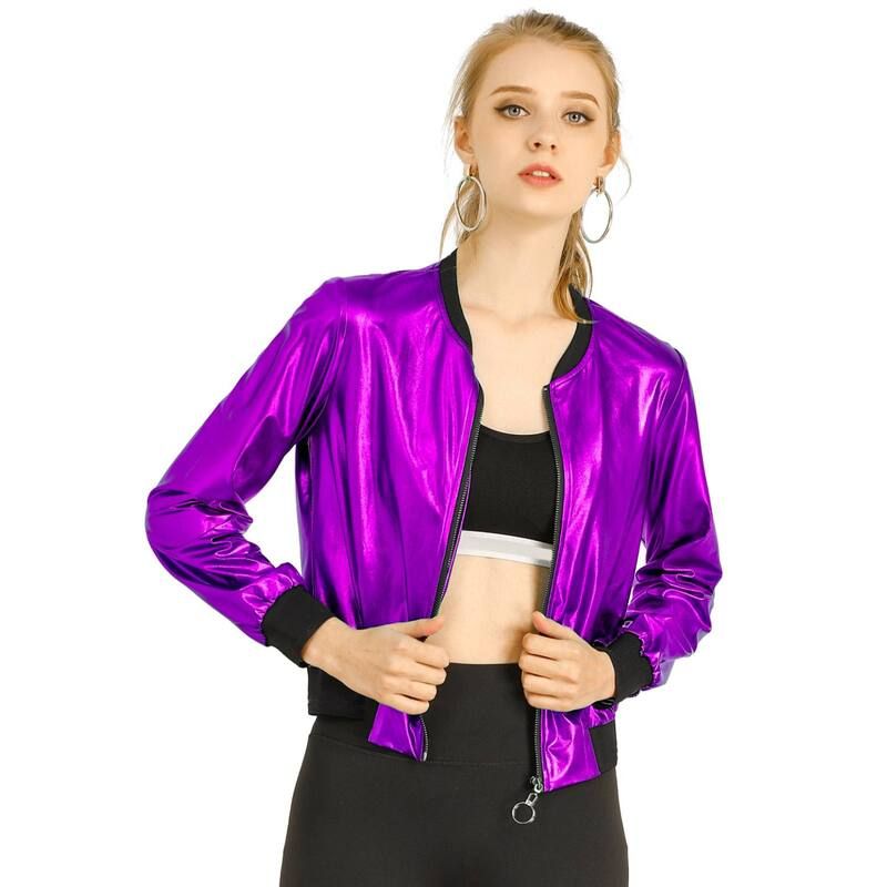 アレグラ ケー レディース アウター ジャケット・ブルゾン トール ALLEGRA K Womens Casual Stand Collar Metallic Zip Crop Length Bomber Jacket Dark Purple パープル