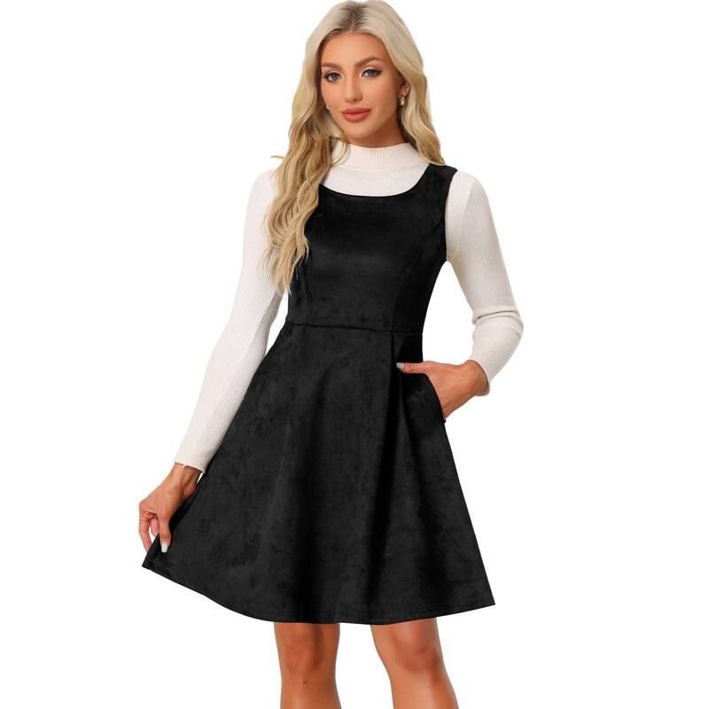 アレグラ ケー レディース トップス ワンピース A ライン プリーツ オーバーオール スエード ノースリーブ ALLEGRA K Faux Suede Overall Dress for Womens Round Neck Sleeveless ALine