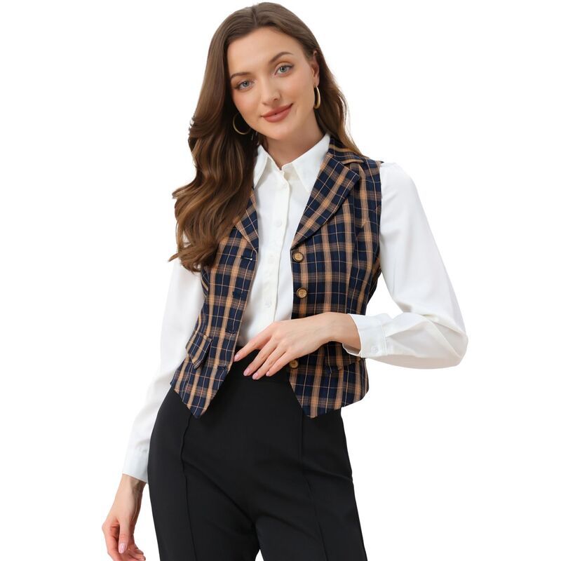 アレグラ ケー レディース アウター ジャケット・ブルゾン ヴィンテージ ベスト コート ALLEGRA K Womens Plaid Waistcoat Notched Lapel Collar Single Breasted Vintage Vest Bl