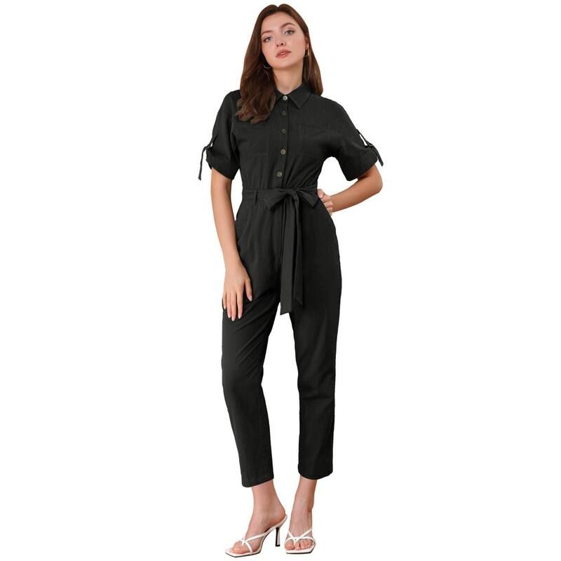 アレグラ ケー レディース トップス ワンピース ロンパース ダウン ジャンプスーツ ALLEGRA K Womens Romper Turndown Collar Button up Tie Waist Cargo Jumpsuit Black ブラック