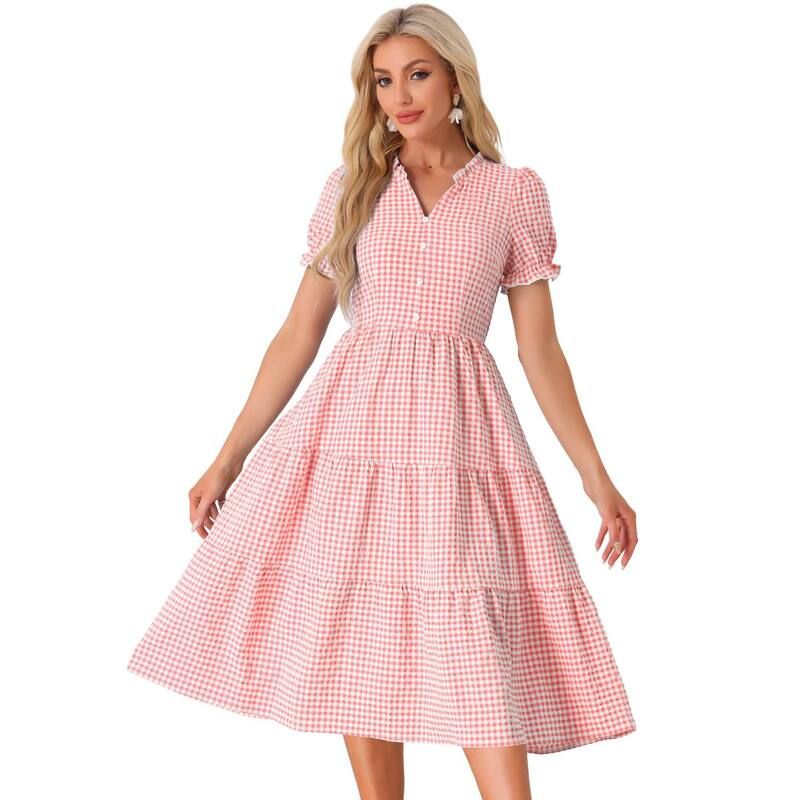 アレグラ ケー レディース トップス ワンピース Vネック ギンガムチェック フリル ギンガム ALLEGRA K Gingham Dress For Womensummeruffle Trim V Neck Button Decor Dress Pink ピ