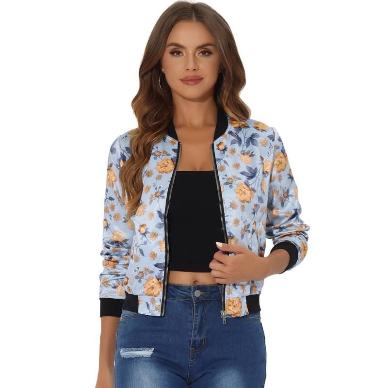 アレグラ ケー レディース アウター ジャケット・ブルゾン フラワー柄 プリント フラワー ALLEGRA K Womenstand Collar Zip up Floral Prints Crop Length Bomber Jacket Sky Blue