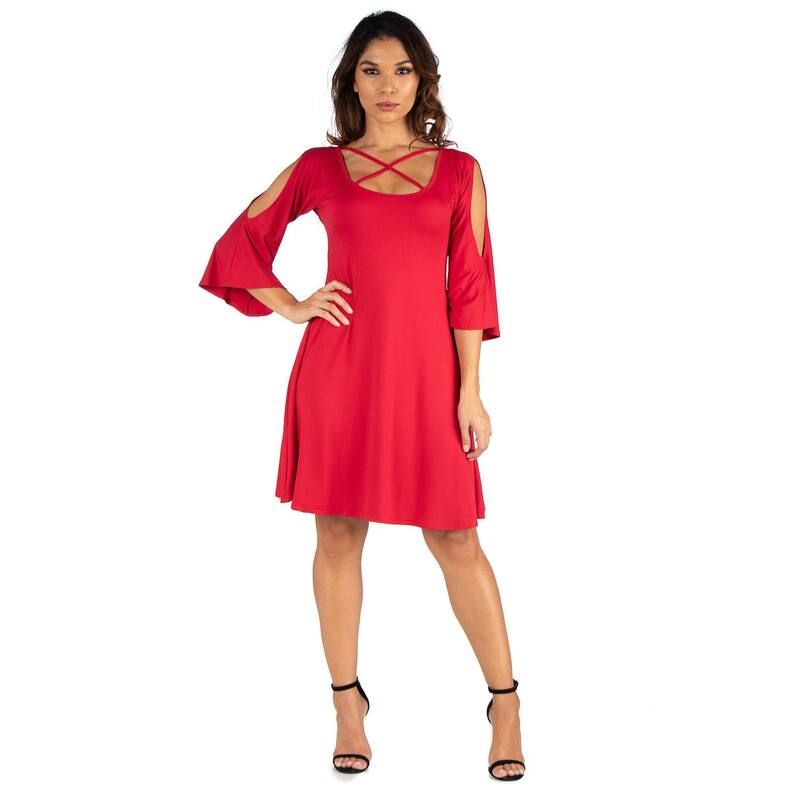 24 セブンコンフォート レディース トップス ワンピース ひざ丈 Womens 24seven Comfort Apparel Knee Length Fit Flare Cold Shoulder Dress Red レッド
