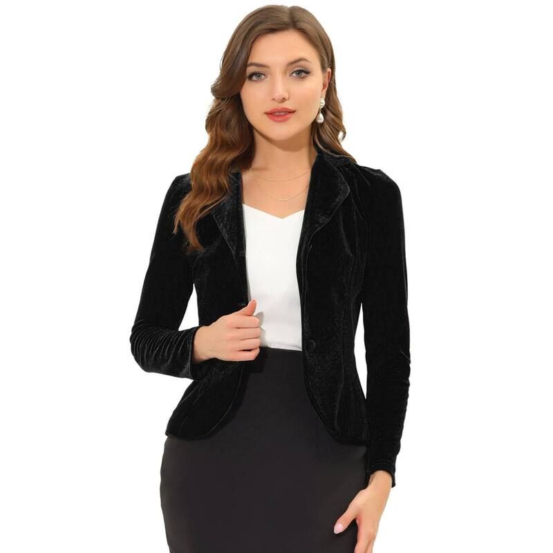 アレグラ ケー レディース アウター ジャケット・ブルゾン ベルベット ブレザー ALLEGRA K Womens Notched Lapelong Sleeve Button Velvet Blazer Black ブラック